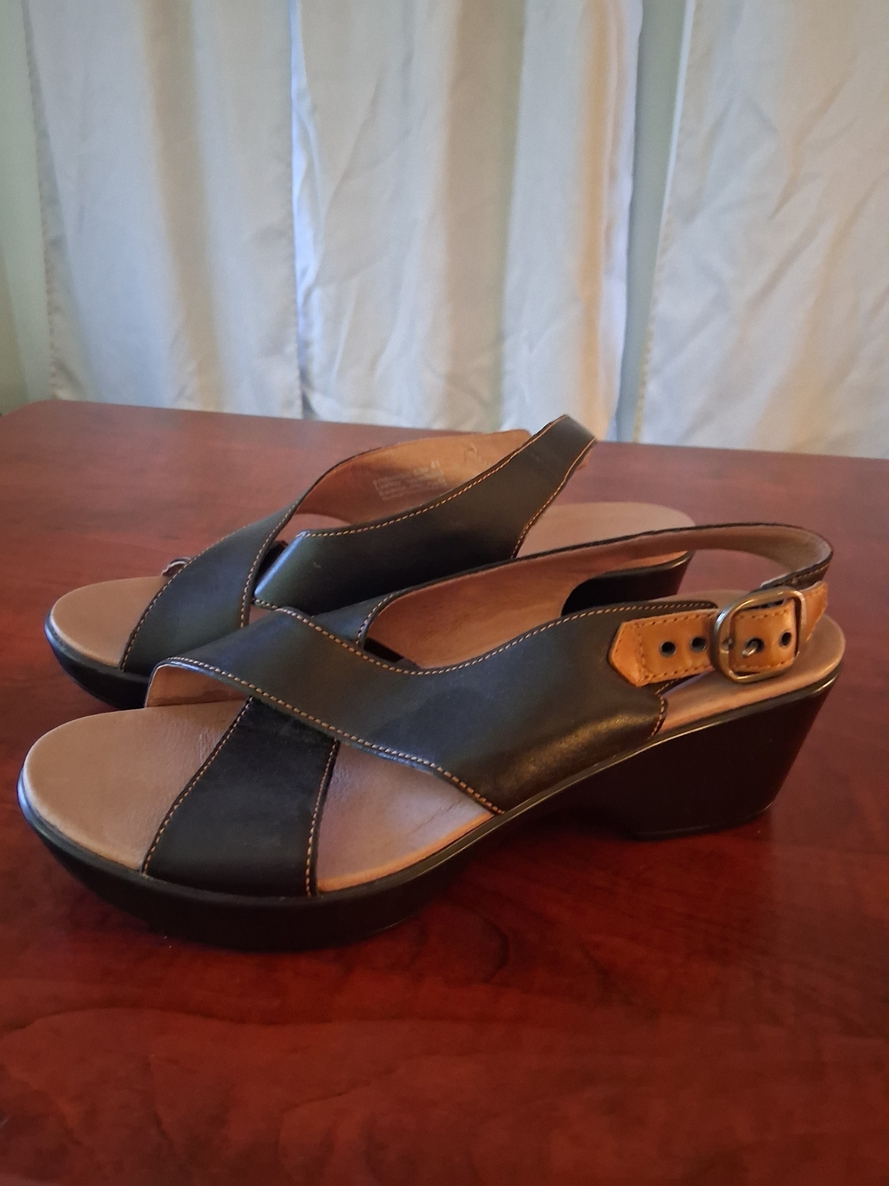Dansko Black Leather Slingback Wedge Sandals with Tan Buckle